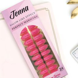 JENNA Set Of 24 French Tip Press On Acrylic Almond Shape Artificial Nails - Rose-10