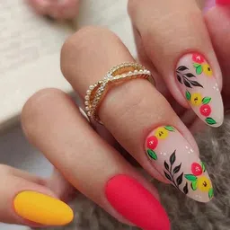 Secret Lives Set Of 24 Matte With Leaves Design Artificial Nails - Spring Flower-31