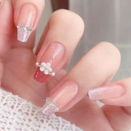 Secret Lives Set Of 24 Transparent Big Flower With Stud & Glitter Nails-Pink-40