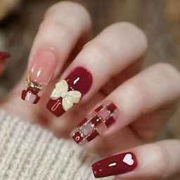 Secret Lives Set Of 24 Translucent With 3D Bow Heart Design Press On Nails - Dark Red-31