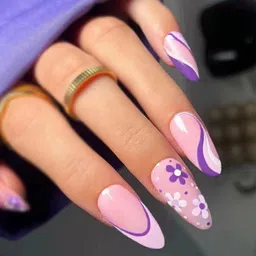 Secret Lives Set Of 24 Glossy With Flower & Stripes Press On Nails - Pink & Purple-8