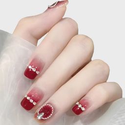 Secret Lives Set Of 24 Small Stone Chain Design Nails - Wine Red-2
