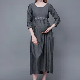 DUMMY SHAPE Embroidered Maternity Pure Cotton A-Line Dress-image-98