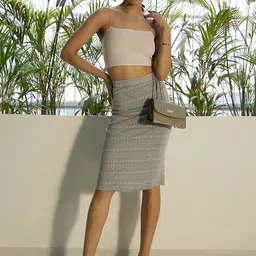 Berrylush Grey & white Ethnic Printed Straight Hem Casual Midi Pencil Skirt-image-4
