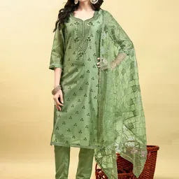 Anouk Geometric Printed Thread Work Chanderi Silk Kurta With Trousers & Dupatta image 4