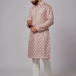 sven suits Men Floral Embroidered Regular Thread Work Dupion Silk Kurta with Pyjamas-picture-9