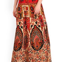 Exotic India Scarlet Red Cream Floral Printed Wrap-Around Pure Cotton Long Skirt-picture-47