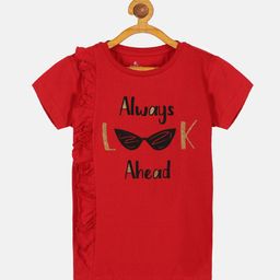 KiddoPanti Girls Typography Printed Frilled Pure Cotton T-shirt-picture-30