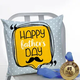 TIED RIBBONS Yellow & White Fathers Day Gift Cushion Cover with Filler and Golden Medal-image-50
