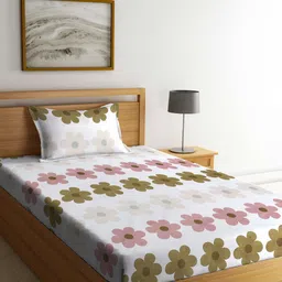 KLOTTHE White & Green Floral Printed 300 TC Fitted Single Bedsheet With 1 Pillow Cover-image-38