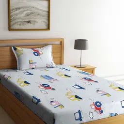 KLOTTHE White & Blue Printed 300TC Fitted Single Bedsheet With Pillow Cover-image-85