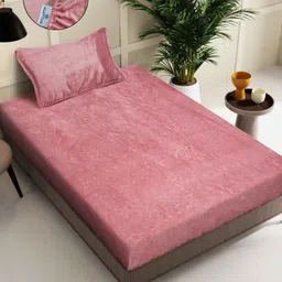 KLOTTHE Rust-Pink Woollen 300TC Fitted Single Bedsheet With Pillow Cover-image-49