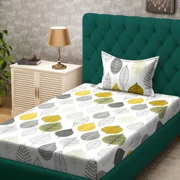 KLOTTHE Cream & Green Floral Printed 300 TC Single Bedsheet With 1 Pillow Cover-picture-18