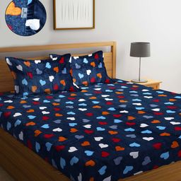 KLOTTHE Blue Printed Woolen 300 TC Fitted King Bedsheet With 2 Pillow Covers-image-97