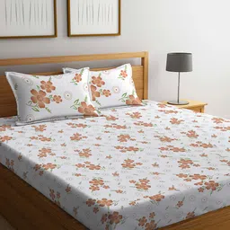 KLOTTHE White & Brown Printed 300 TC Fitted King Bedsheet With 2 Pillow Covers-image-29