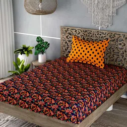 EverHOME Orange & Navy Blue Floral 180 TC Flat Cotton Single Bedsheet with 1 Pillow Cover-image-99