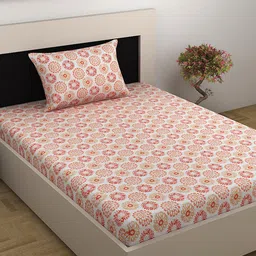 Divine Casa Ethnic Motifs Cotton 144 TC Single Bedsheet 1 Pillow Cover-image-38