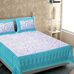 UBANIA COLLECTION Blue Ethnic Printed 120 TC Cotton Queen Bedsheet with 2 Pillow Covers-image-91