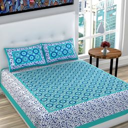 UBANIA COLLECTION Turquoise Blue Printed Cotton 120 TC Queen Bedsheet with 2 Pillow Covers-image-94