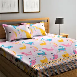 RRC White & Pink Cartoon Characters 144 TC Queen Bedsheet with 2 Pillow Covers-image-86