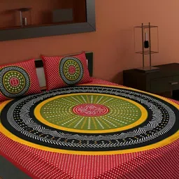 UBANIA COLLECTION Red & Green Geometric Cotton 144 TC Queen Bedsheet with 2 Pillow Covers-2