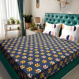 KLOTTHE Blue & Yellow Floral 300TC Double King Bedsheet With 2 Pillow Covers-image-22