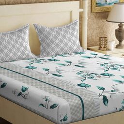 KLOTTHE Grey & Blue Floral Printed 300TC Double King Bedsheet With 2 Pillow Covers-image-44