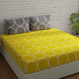 Huesland Yellow & Grey Geometric 144 TC Cotton Queen Bedsheet With 2 Pillow Covers-image-50