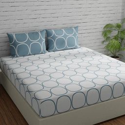 Huesland White & Blue Geometric 144 TC Cotton Queen Bedsheet & 2 Pillow Covers-image-39