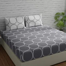 Huesland Grey & White Geometric 144 TC Cotton Queen Bedsheet With 2 Pillow Covers-image-30