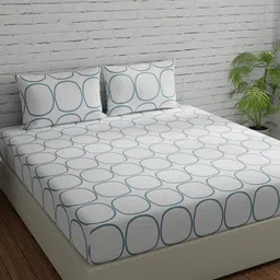 Huesland White & Blue Geometric 144 TC Cotton Queen Bedsheet With 2 Pillow Covers-image-78