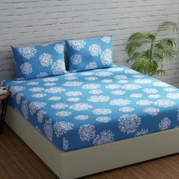 Huesland Comfort Blue & White Printed 144 TC Cotton Queen Bedsheet & 2 Pillow Covers-image-43