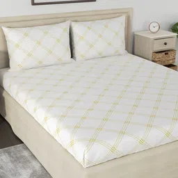 Huesland Aspire White & Yellow Printed 186 TC Cotton Queen Bedsheet & 2 Pillow Covers-picture-23