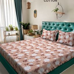 KLOTTHE Beige Floral Printed 400 TC Pure Cotton Double King Bedsheet & 2 Pillow Covers-image-88
