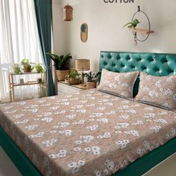 KLOTTHE Beige Floral Printed 400 TC Pure Cotton Double King Bedsheet & 2 Pillow Covers-image-38