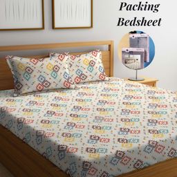Arrabi Cream-Coloured & Red Graphic 300 TC King Bedsheet with 2 Pillow Covers-60