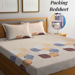Arrabi Cream-Coloured & Blue Floral 300 TC King Bedsheet with 2 Pillow Covers-image-28