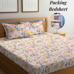 Arrabi Peach-Coloured & Blue Floral 300 TC King Bedsheet with 2 Pillow Covers-6
