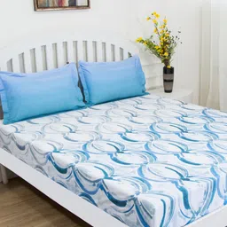 GM Off-White & Blue Abstract 144 TC Cotton 1 Queen Bedsheet with 2 Pillow Covers-image-8