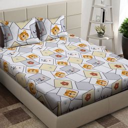 Arrabi White & Yellow Cartoon Characters Printed 300 TC King Bedsheet with 2 Pillow Covers-image-87