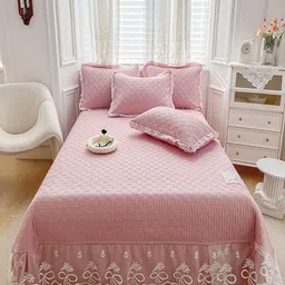 JC HOME Pink Textured 162TC Double Queen Bed Cover With Pillow Cover-image-93