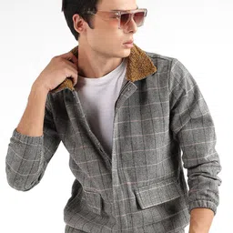 Campus Sutra Grey Checked Windcheater Cotton Tailored Jacket-image-72