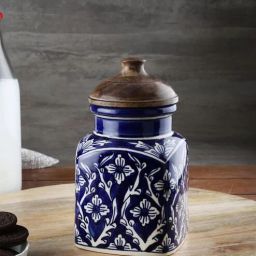 vareesha Hand Painted Blue Mughal Airtight Ceramic Jar with Wooden Lid - 1000 gms-picture-31