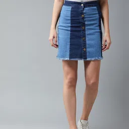 The Dry State Blue Mid-Rise Colourblocked A-Line Mini Denim Skirt-picture-6