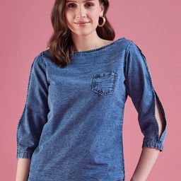 DressBerry Slit Sleeves Denim Top-image-49