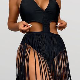 EZLOOT Halter Neck Medium Coverage Fringe Trim Tie Back Bodysuit-image-1
