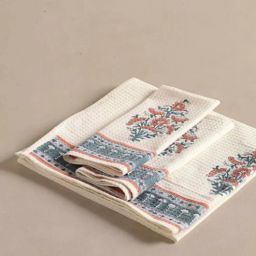 peepul tree Hand Block Printed 100% Pure Cotton Floral Peach & Teal 240 GSM Super Absorbent 2 Hand & 1 Bath Towel Set-picture-39