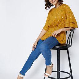 Crimsoune Club Mustard Yellow Geometric Extended Sleeves Cinched Waist Top-image-65