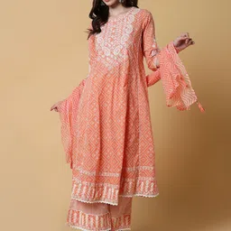 SHOWOFF Ethnic Motifs Embroidered Mirror Work Panelled A-Line Kurta With Palazzo & Dupatta-image-32
