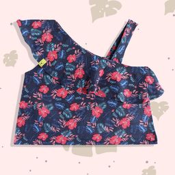 Allen Solly Junior Girls Navy Blue & Fuchsia Pink Floral Print Top-1